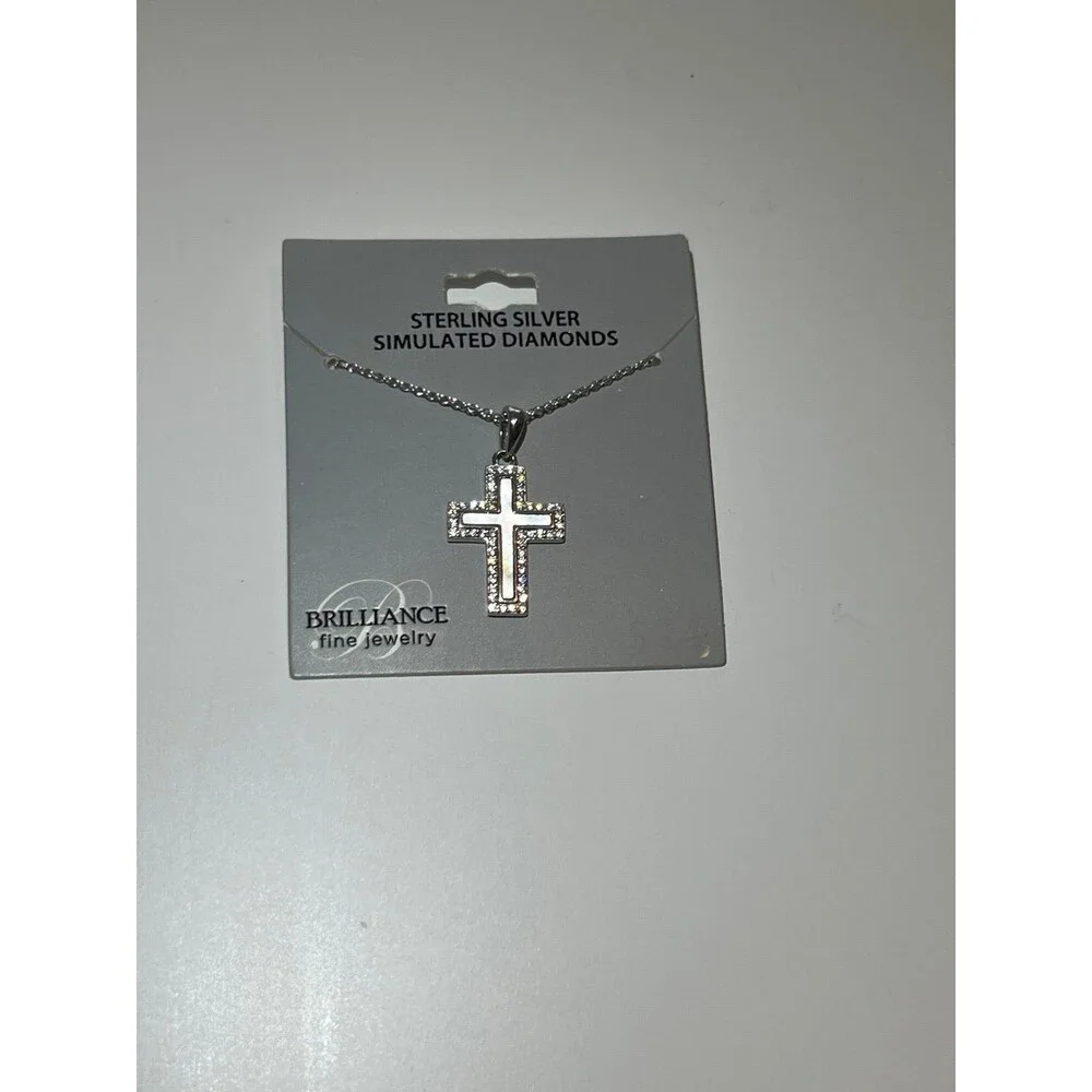 Sterling silver 925 cross pendant with mother of pearl, simulated diamonds NEW